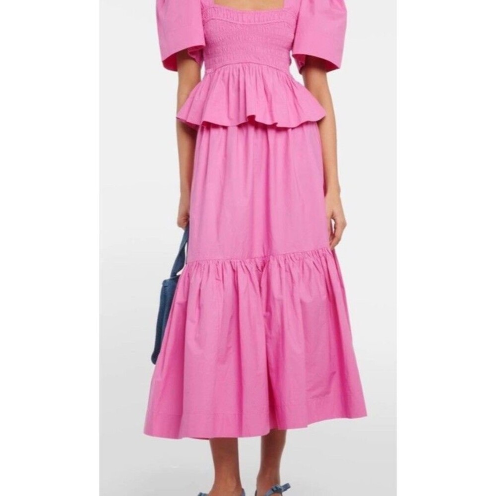 GANNI Tiered Organic Cotton Midi Skirt Pink Poplin Size 34 XS